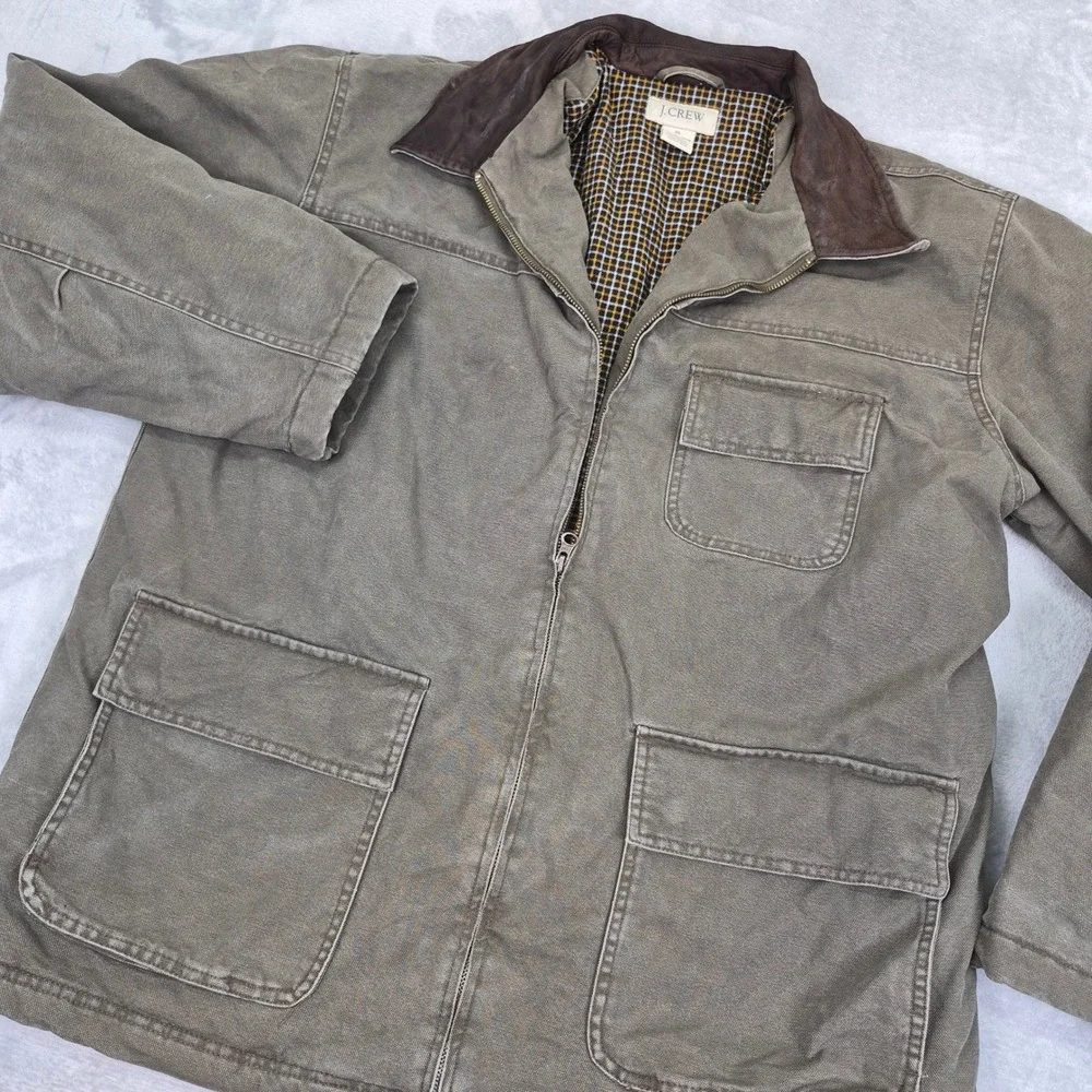 J Crew Mens Barn Jacket XL Olive Drab Canvas Leather Collar Plaid Field Coat
